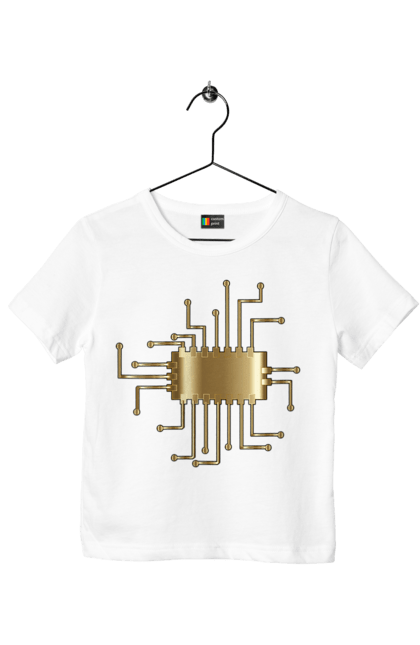 Футболка дитяча з принтом "Золотий Чіп". Айті, айтішник, гик, золотий, золото, інженер, кібернетика, код, комп, комп’ютерник, кристал, мікросхема, програміст, професія, розробник, чіп. 2070702