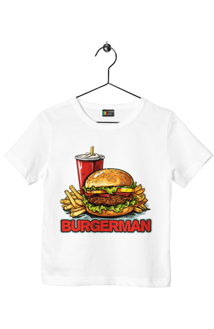 Футболка дитяча з принтом "Burgerman". Бургер, для чоловіків, їжа, літні, макдональдс, прикольні, трендові, фаст фуд, чоловічі. 2070702
