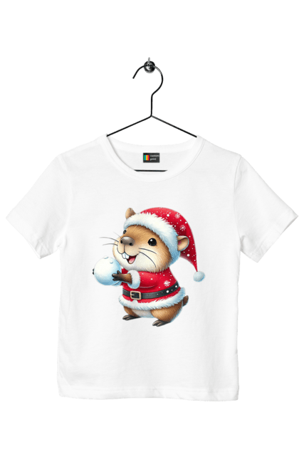 Children's t-shirt with prints Capybara playing snowballs. Animal, capybara, christmas, christmas capybara, game, gift, holiday, new year, santa, snowballs. 2070702