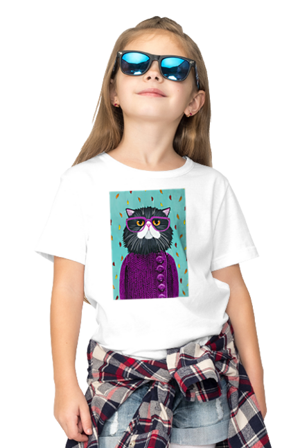 Футболка дитяча з принтом "Кот в светрі і окулярах". Кіт, окуляри, осінь, светр, холод. CustomPrint.market