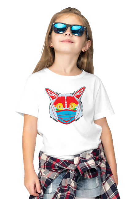 Children's t-shirt with prints Bright cat in a mask. Cat, coronavirus, eyes, mask. CustomPrint.market