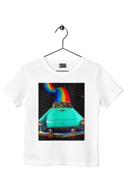 Футболка дитяча з принтом "Картина, машина у космосі". Веселка, картина, космос, машина, подорожі, поїздка, прикол, ретро. 2070702