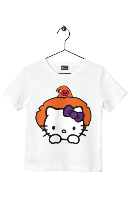 Футболка детская с принтом Хелло Китти Хэллоуин. Halloween, hello kitty, witch, бренд, ведьма, кот, котенок, персонаж, хелло китти, хэллоуин. 2070702