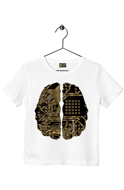 Футболка дитяча з принтом "Мозок Айті". Айті, айтішник, гик, знання, золотий, золото, інженер, кібер, кібернетика, кіборг, код, комп, кристал, мікросхема, мозок, програміст, професіонал, професія, розробник, розум, чіп. 2070702