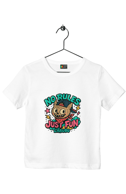 Футболка дитяча з принтом "Лабубу". Norulesjustfun, y2k, бандана, вуличний стиль, грайливий, графіті, зухвалий, лабубу, ретромультяшка, яскраво. 2070702