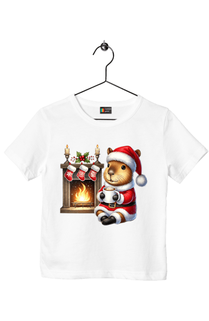 Children's t-shirt with prints Capybara by the fireplace with hot chocolate. Animal, capybara, christmas, christmas capybara, fireplace, gift, holiday, hot chocolate, new year, santa. 2070702