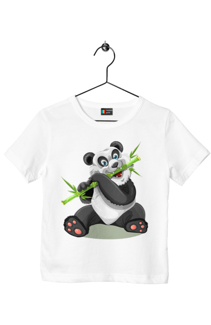 Children's t-shirt with prints Panda Eating Bamboo. Animal, bamboo, bear, beast, black and white, cartoon, cartoony, cheerful, china, chinese, eating, eats, funny, hand-drawn, happy, is sitting, nature, panda, sitting, wild, wild nature. CustomPrint.market