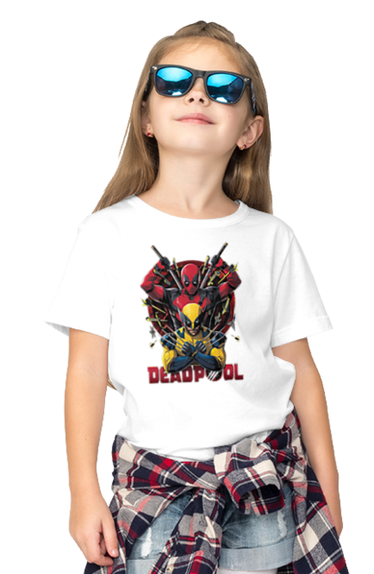 Children's t-shirt with prints Deadpool & Wolverine. Action movie, comic, deadpool, fantasy, film, logan, marvel, mutant, superhero, x-men. 2070702