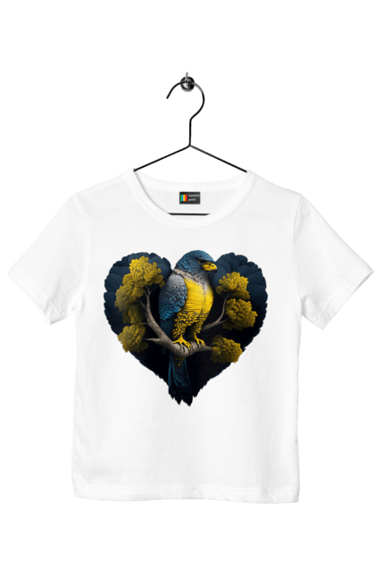 Children's t-shirt with prints Blue and yellow falcon. Falcon, flag of ukraine, heart, symbol of ukraine, tree, ukraine. 2070702