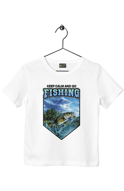Футболка дитяча з принтом "Keep Calm and Go Fishing". Відпочинок на природі, для рибалок, для чоловіків, мисливці та риболови, природа, рибалка, риболовля, спінінг, хоббі. 2070702
