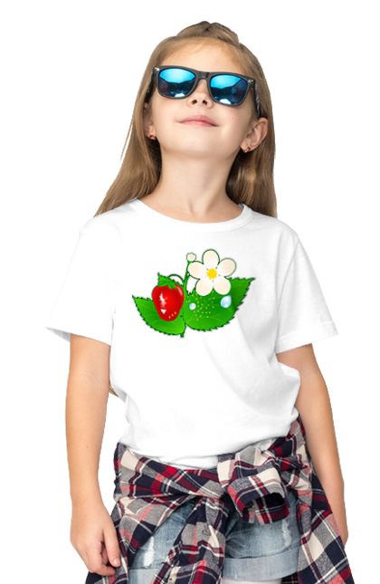 Футболка дитяча з принтом "Полуниця". Делікатес, зріла, їжа, квіти, листя, літо, полуниця, полуничка, смачно, стигла, урожай, червона, ягода. ART принт на футболках