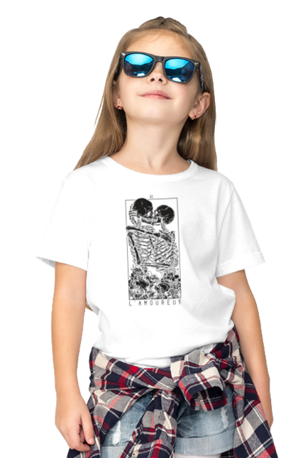 Children's t-shirt with prints Skeletons in love. Bones, kiss, love, scull, skeletons, tarot, teeth. 2070702
