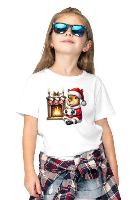 Children's t-shirt with prints Capybara by the fireplace with hot chocolate. Animal, capybara, christmas, christmas capybara, fireplace, gift, holiday, hot chocolate, new year, santa. 2070702