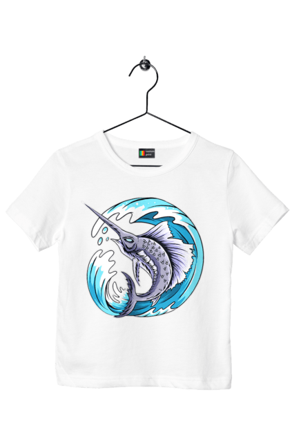 Children's t-shirt with prints Fish Sword And Wave. Swordfish, wave. 2070702