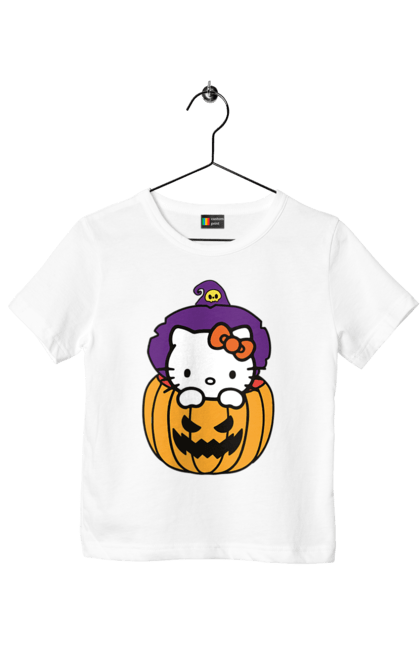 Футболка детская с принтом Хелло Китти Хэллоуин. Halloween, hello kitty, witch, бренд, ведьма, кот, котенок, персонаж, хелло китти, хэллоуин. 2070702