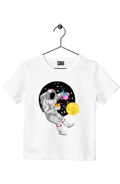 Футболка дитяча з принтом "Космонавт у космосі поливає квіти". Агроном, квітка, космонавт, космос, планета. futbolka.stylus.ua