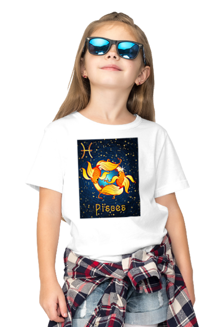 Футболка дитяча з принтом "Знак зодіака риби". Астрологія, астрономія, доля, знак зодіаку, знаки зодіаку, зодіак, космос, передбачення, риби, символ, цикл. ART принт на футболках