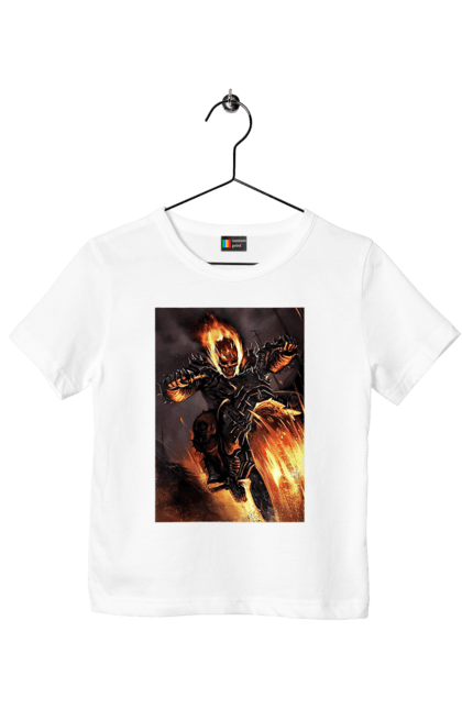 Футболка дитяча з принтом "Пекельний Гонщик". Вогонь, мотоцикл, пекельний гонщик, скелет, чоппер. 2070702