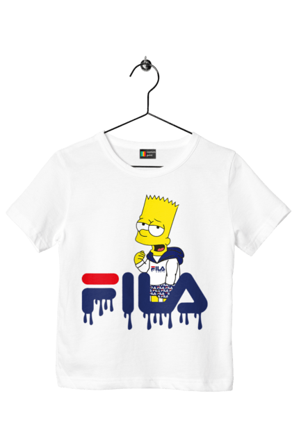 Футболка детская с принтом Барт FILA. Bart, simpsons, барт, мультфильм, симпсоны, спорт, спортивная одежда. 2070702