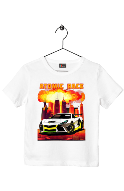 Футболка дитяча з принтом "Атомна гонка". Авто, автомобіль, атомні перегони, гонки, гоночні машини, спортивна машина, спорткар. 2070702