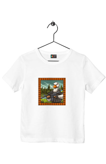 Children's t-shirt with prints Goose landing. Armed forces, biological weapons, fighting geese, flag, goose landing, military goose, symbolics, ukraine. 2070702