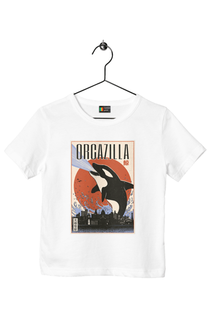 Children's t-shirt with prints Orcazilla. Cartoon style design, graphic, japan print, japanese, japanese art, japanese poster, japanese poster orca, ocean wildlife, orca, orcazilla. 2070702