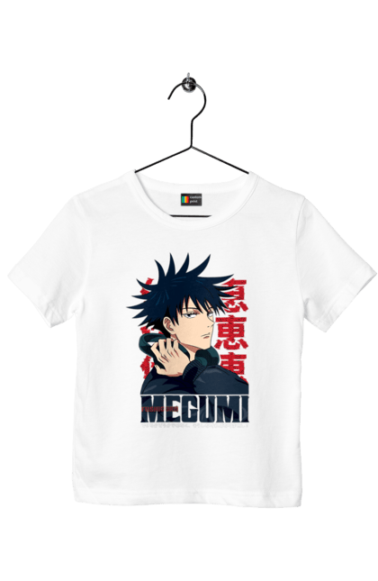 Children's t-shirt with prints Jujutsu Kaisen Megumi. Anime, dark fantasy, fushiguro, fushiguro megumi, jujutsu kaisen, magic battle, manga, megumi, mystic. 2070702