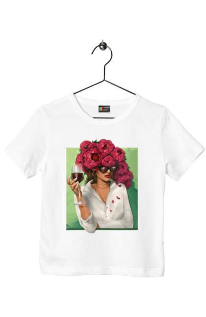 Children's t-shirt with prints Girl with peonies and a glass. Flower, girl, glasses, goblet, peonies, shirt, summer, wine. 2070702