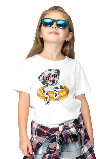 Children's t-shirt with prints Dalmatian Swims In A Circle. Dalmatian, dog, glasses, to swim. 2070702