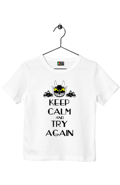 Футболка дитяча з принтом "Зберігай спокій і пробуй ще раз". Keep calm, try again, демон, зберігай спокій, сатана, спокій, чорт. 2070702