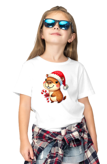 Children's t-shirt with prints Capybara with Christmas Candy. Animal, capybara, christmas, christmas capybara, gift, holiday, lollipop, new year, new year`s gift, santa. 2070702