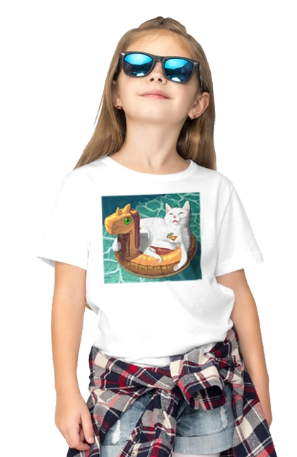 White cat in a swimming circle on vacation