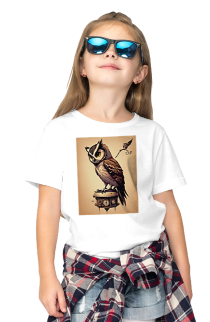 Children's t-shirt with prints Art owl in steampunk style. Art, owl, steampunk. CustomPrint.market