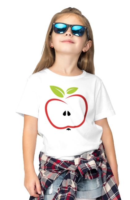 Футболка дитяча з принтом "Яблуко". В розрізі, веган, вегетаріанець, делікатес, дієта, їжа, листя, літо, плід, половина, половинка, смачно, стигле, урожай, червоне, яблуко, яблучко. ART принт на футболках