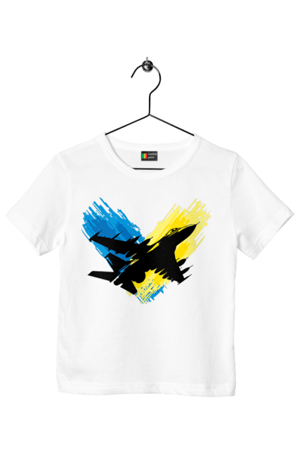 Футболка дитяча з принтом "Літак F 16". З прапором, зсу, літак, літак f16, патріотична, прапор, ф16. 2070702