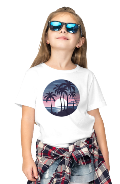 Футболка дитяча з принтом "Пальмовий пляж  На заході сонця". Море, пальма, пальми, пальмовий пляж, пляж. CustomPrint.market