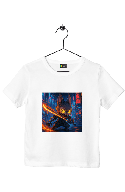 Футболка дитяча з принтом "Лабубу". Аніместиль, дія, катана, кіберніндзя, кіберпанк, лабубу, меч, неонове місто, очі` що світяться. 2070702