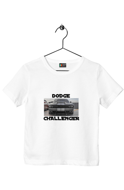 Children's t-shirt with prints Dodge challenger. An american legend, car, cult car, dodge challenger, oil car, powerful car. 2070702