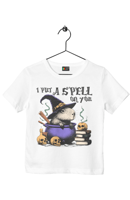 Children's t-shirt with prints Capybara Halloween. Animal, capybara, ghost, halloween, holiday, moon, pumpkin, rodent, witch. 2070702