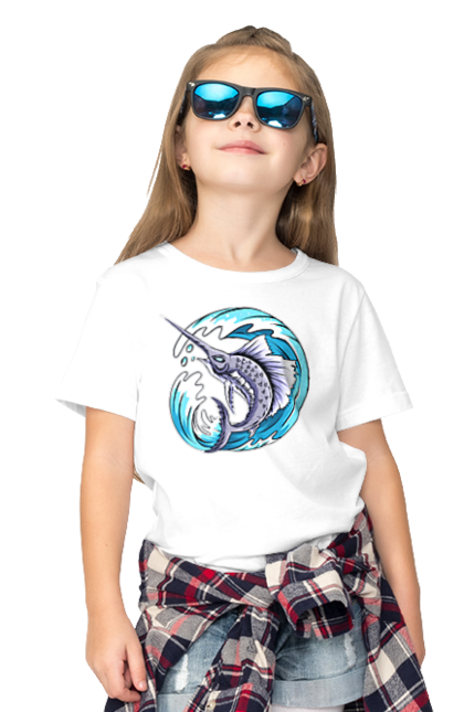 Children's t-shirt with prints Fish Sword And Wave. Swordfish, wave. 2070702