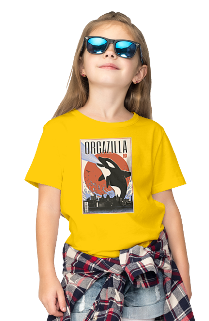 Children's t-shirt with prints Orcazilla. Cartoon style design, graphic, japan print, japanese, japanese art, japanese poster, japanese poster orca, ocean wildlife, orca, orcazilla. 2070702