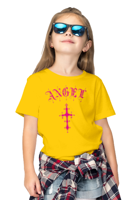 Children's t-shirt with prints Logo Angel. Angel, cross, gothic, gothick style, logo, pink. 2070702