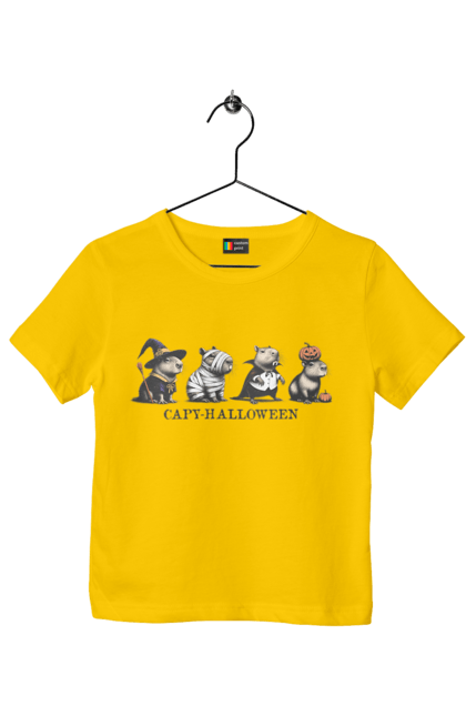 Children's t-shirt with prints Capybara Halloween. Animal, capybara, halloween, holiday, pumpkin, rodent. 2070702