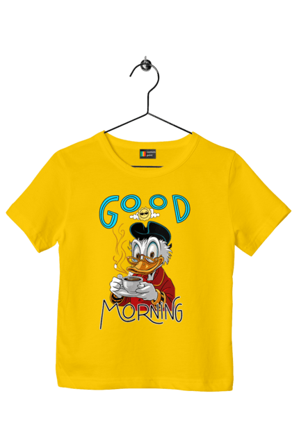 Футболка детская с принтом Скрудж Макдак. Scrooge mcduck, uncle scrooge, дисней, дядя скрудж, кофе, макдак, скрудж, скрудж макдак, чашка. 2070702