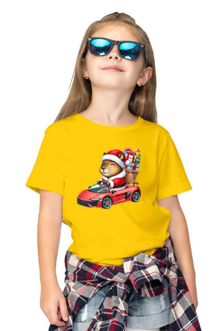 Children's t-shirt with prints Christmas Capybara with a Gift. Animal, capybara, car, christmas, christmas capybara, gift, holiday, new year, new year`s gift, santa. 2070702