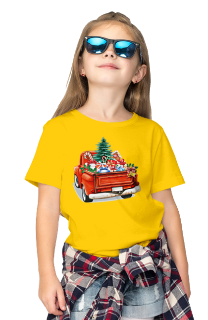 Children's t-shirt with prints Car with gifts. Car, christmas, new year, presents, santa, tree. 2070702
