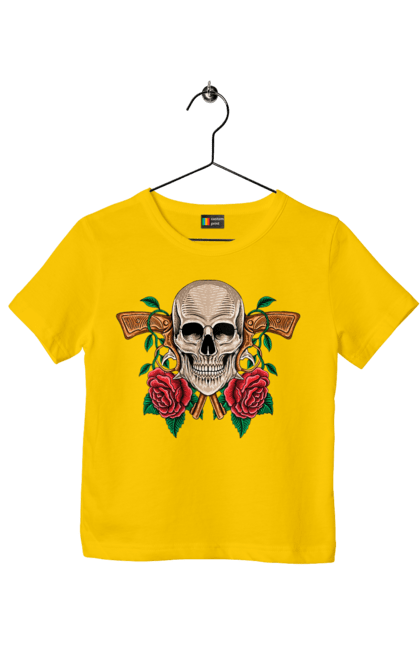 Children's t-shirt with prints Skull with roses. Bones, eyes, flowers, gun, leaves, rose flower, scull, spikes, teeth. 2070702