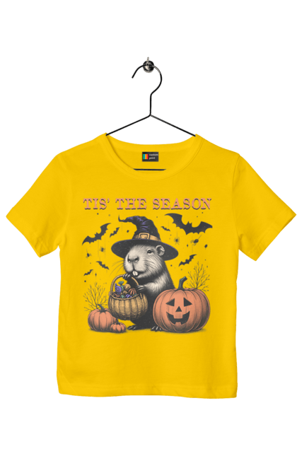 Children's t-shirt with prints Capybara Halloween. Animal, capybara, ghost, halloween, holiday, moon, pumpkin, rodent, witch. 2070702