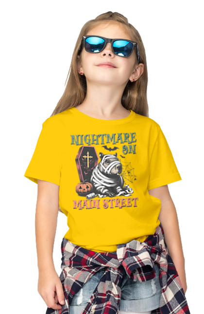 Children's t-shirt with prints Capybara Halloween. Animal, capybara, ghost, halloween, holiday, moon, mummy, pumpkin, rodent. 2070702