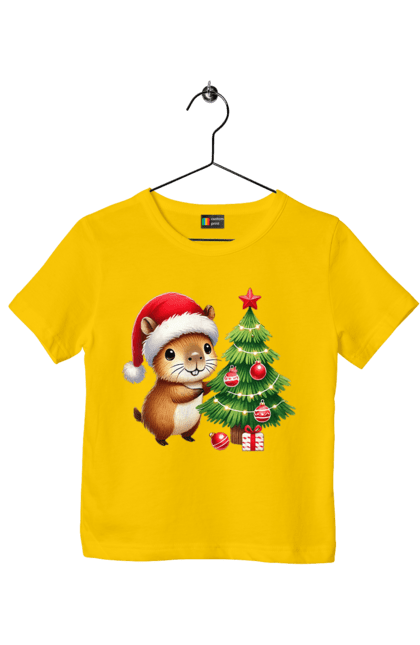 Children's t-shirt with prints Christmas Capybara with a Tree. Animal, capybara, christmas, christmas capybara, christmas tree, gift, holiday, new year, new year`s gift, santa. 2070702